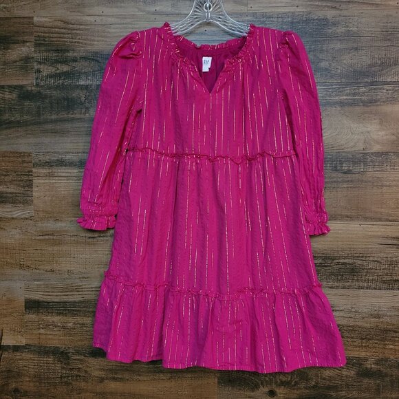 GAP Kids Metallic Stripe Dress L 10 12 Pink Gold Metallic Tiered Ruffle Accent - Picture 1 of 10